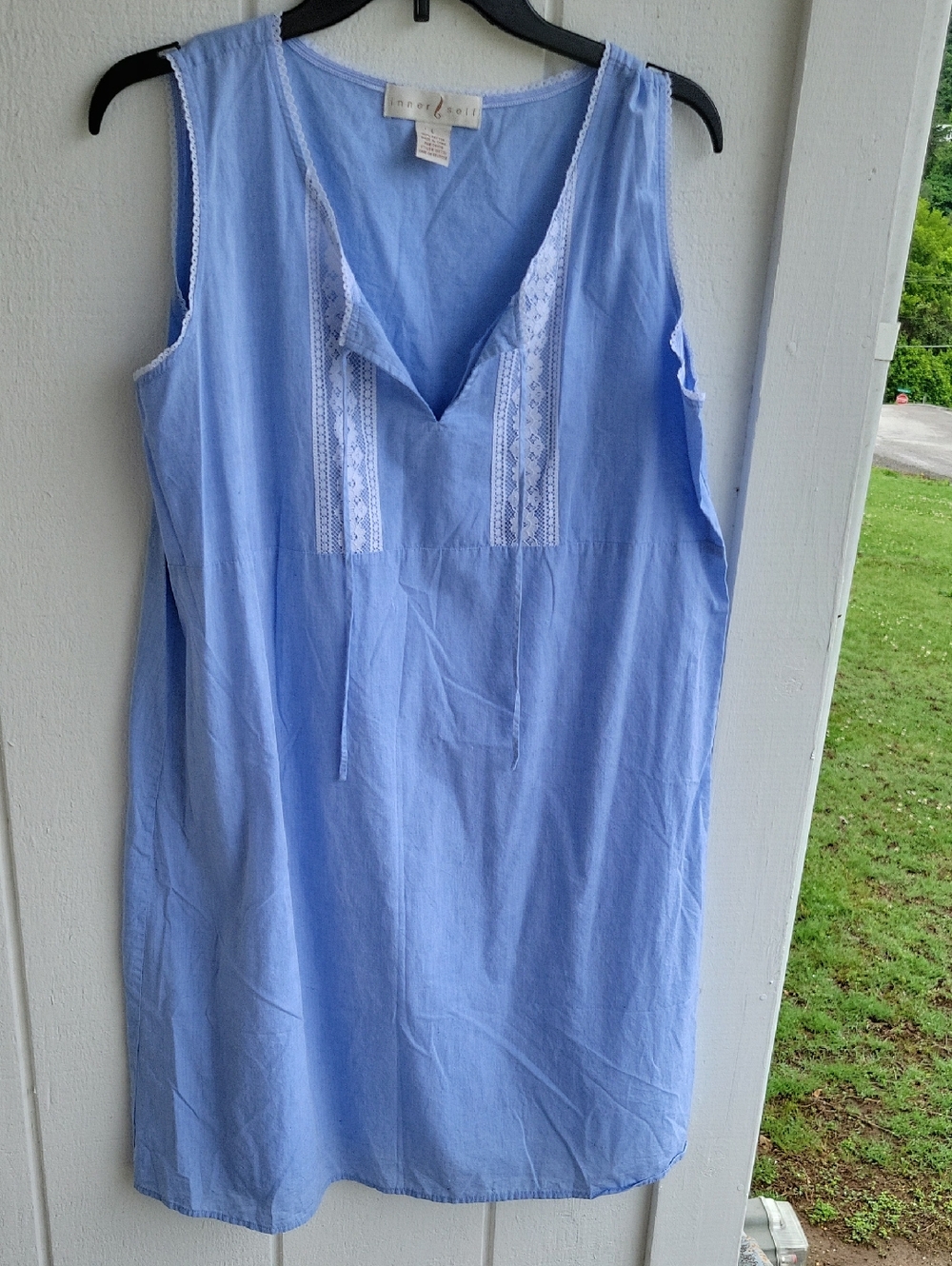Sleeveless Light Blue 100 % Cotton Nightgown with Lace Trim